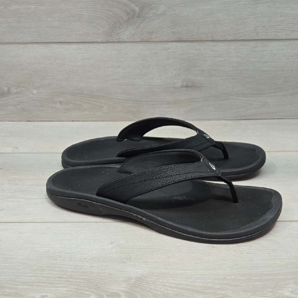 Olukai Women Ohana Thong T Strap Black Flip Flop Sandals Flats Shoes Sz 10
